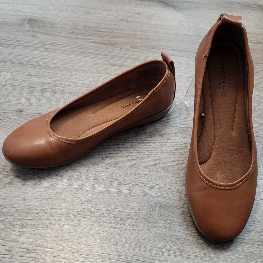 London Fog Baden Brown Faux Leather Ballet Flats Size 7.5 Round Toe Slip On